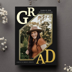 Black Modern Gold GRAD Graduation photo Foil  Invitation
