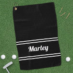 Black Modern Golfer Sports Classic Name Monogram  Golf Towel<br><div class="desc">Classic design features a custom template for name or text up to eleven letters in modern script and a double frame border. Script and border are in white on a black background. Color of background and font are easily changed with the Zazzle design tool section. Be sure to check out...</div>