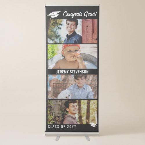 Black Modern Graduation Cap Congrats Grad 4 Photos Retractable Banner