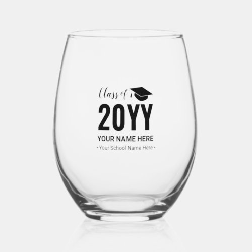 Black  Modern Graduation Gift Custom Text Stemless Wine Glass