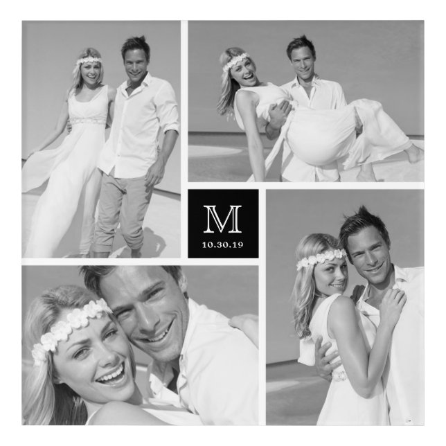 Black Modern Grid Monogram Wedding 4 Photo Collage Acrylic Print (Front)