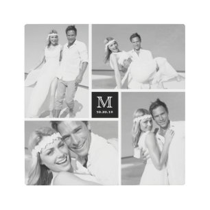 Black Modern Grid Monogram Wedding 4 Photo Collage Metal Print