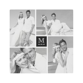 Black Modern Grid Monogram Wedding 4 Photo Collage Metal Print by fatfatin_blue_knot at Zazzle