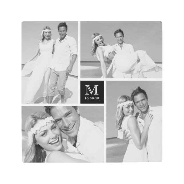 Black Modern Grid Monogram Wedding 4 Photo Collage Metal Print (Front)
