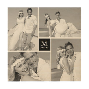 Black Modern Grid Monogram Wedding 4 Photo Collage Wood Wall Decor