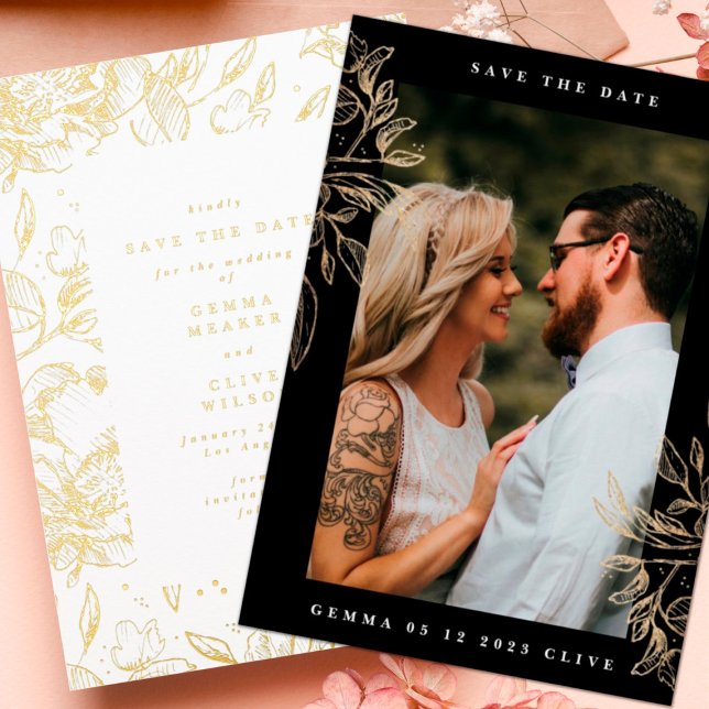 Black Modern Hand Drawn Botanical Wedding Photo Sa Foil Invitation (Creator Uploaded)