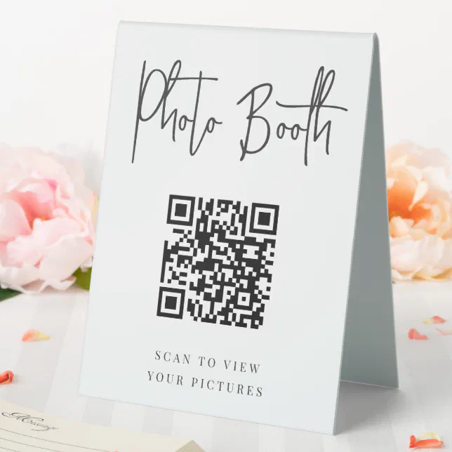 Black Modern Handwritten Photo Booth QR Code Table Tent Sign Zazzle