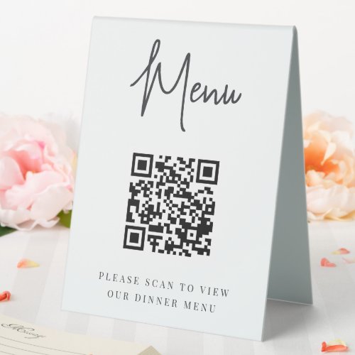 Black  Modern Handwritten Script QR Code Menu Table Tent Sign