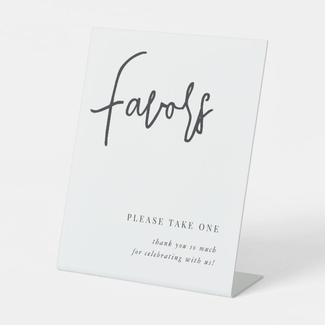 Black | Modern Handwritten Script Wedding Favors Pedestal Sign (Front)
