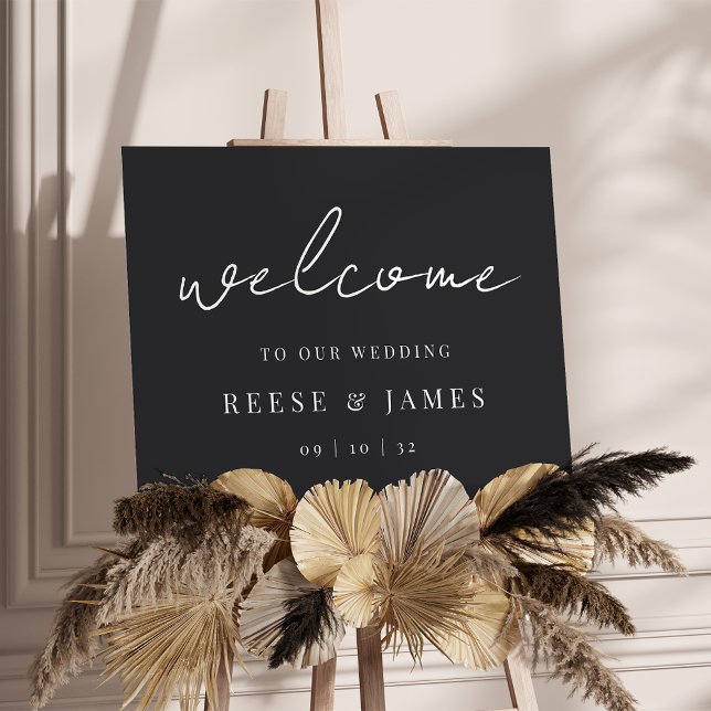 Black | Modern Handwritten Wedding Welcome Sign (Modern black and white wedding welcome sign)