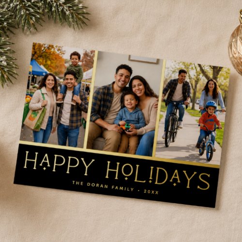 Black Modern Happy Holidays Photo Collage Foil Holiday Card