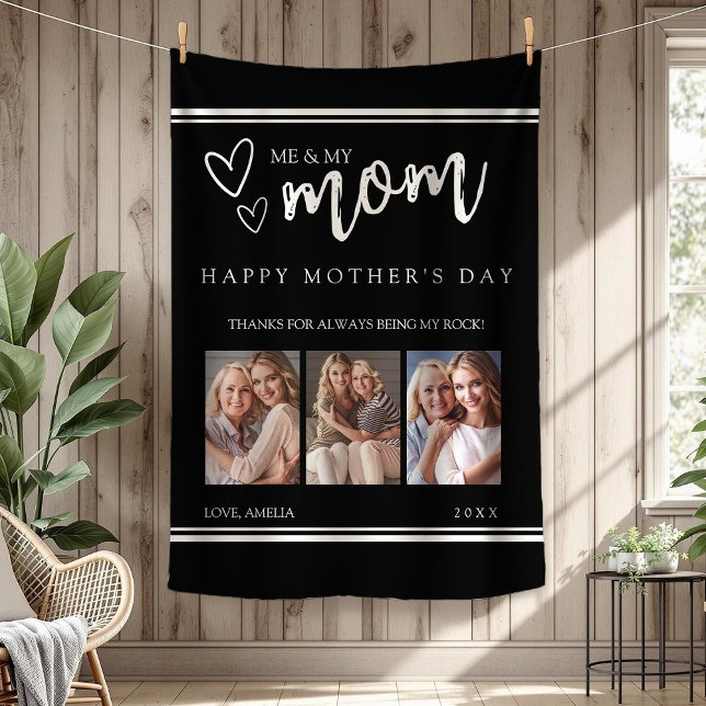 Black Modern Happy Mother's Day Photo Collage Fleece Blanket (Black Modern Happy Mother's Day Photo Collage Fleece Blanket)