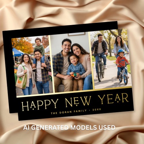 Black Modern Happy New Year Photo Collage Foil Holiday Card