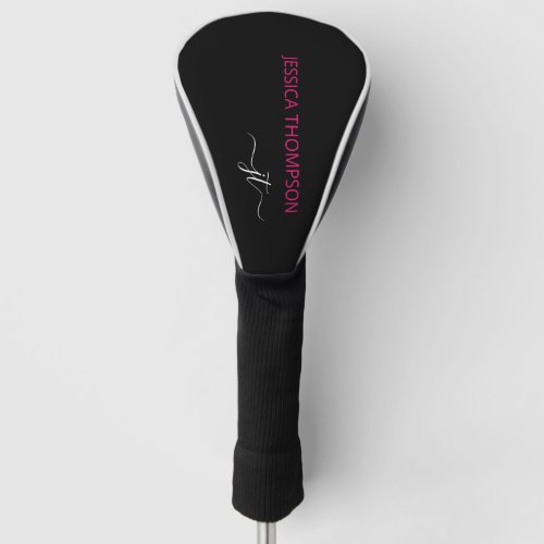 Black Modern Hot Pink Simple Script Monogram Name Golf Head Cover