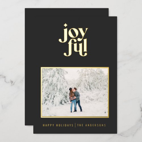 black modern joyful 1 photo  foil holiday card