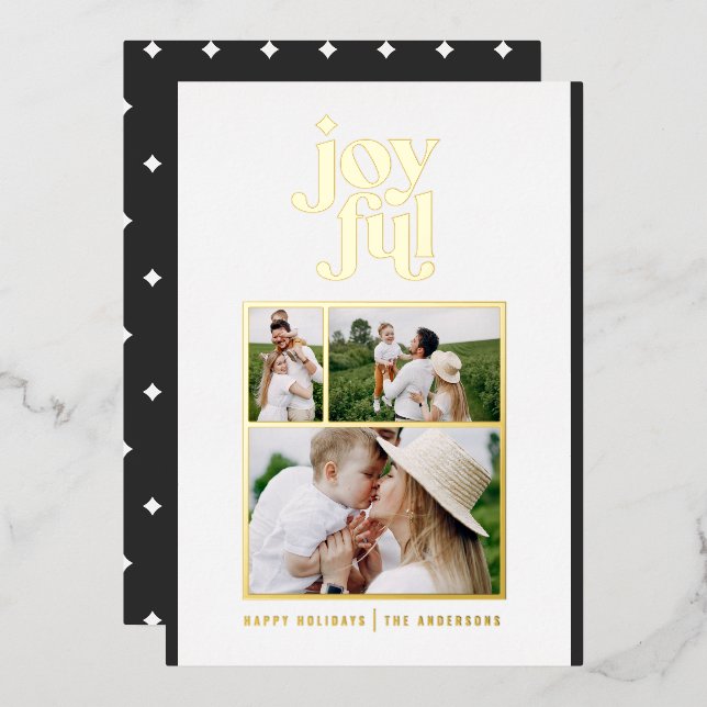 black modern joyful 3 photo  foil holiday  (Front/Back)