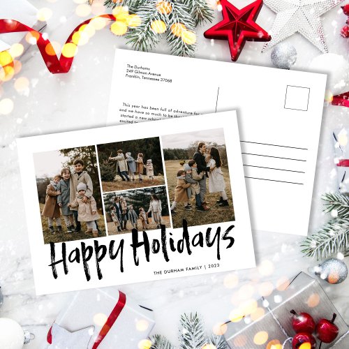 Black Modern Lettering Five Photo Happy Holiday Postcard