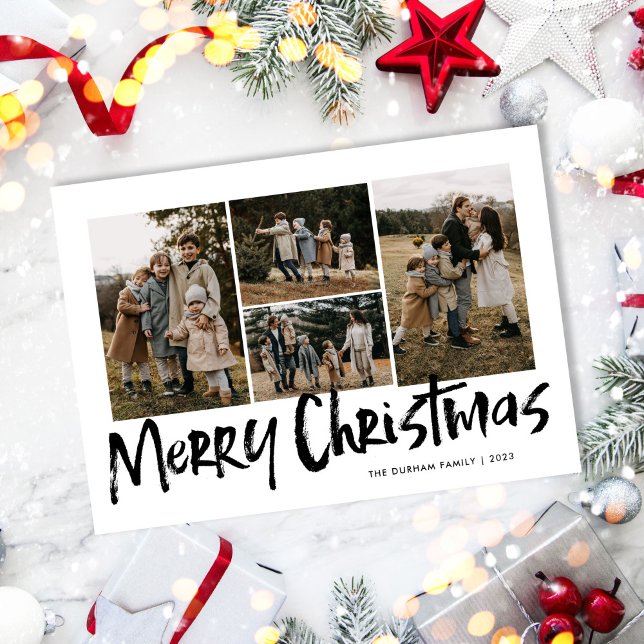 Black Modern Lettering Four Photo Merry Christmas  Holiday Card (Creator Uploaded)