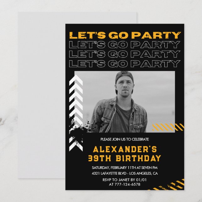 Black Modern Men Photo 39th birthday Invitation (Front/Back)