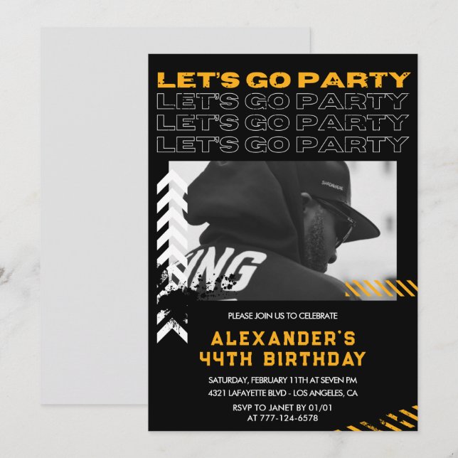 Black Modern Men Photo 44th birthday Invitation (Front/Back)