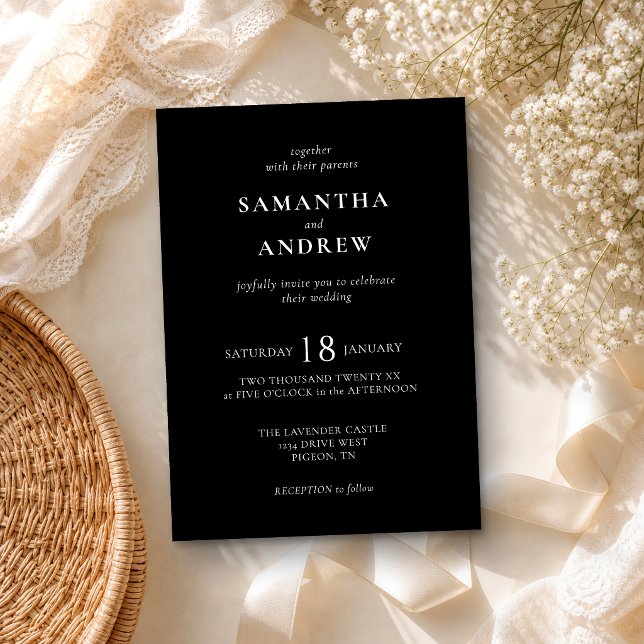 Black Modern Minimal All in Same Wedding Invitation (Creator Uploaded)