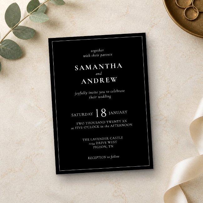 Black Modern Minimal basic All in one Wedding Invitation