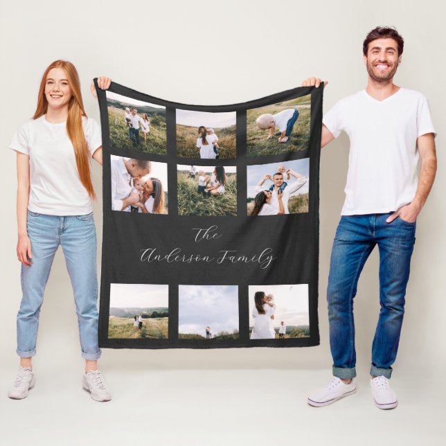 Black modern minimal contemporary simple 9 photo fleece blanket (In Situ)