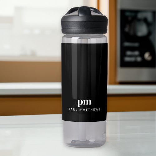 Black Modern Minimal Custom Monogram and Name Water Bottle