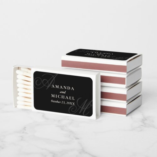 Black Modern Minimal Elegant Monogram Wedding Matchboxes