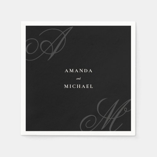 Black Modern Minimal Elegant Monogram Wedding Napkins
