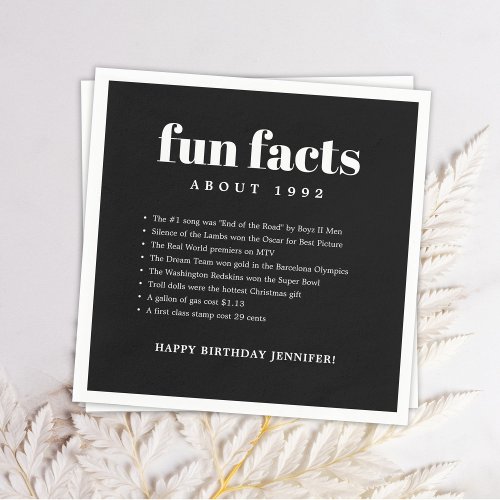 Black Modern Minimal Fun Facts Birthday Year Napkins