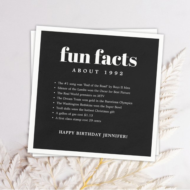 Black Modern Minimal Fun Facts Birthday Year Napkins (Creator Uploaded)