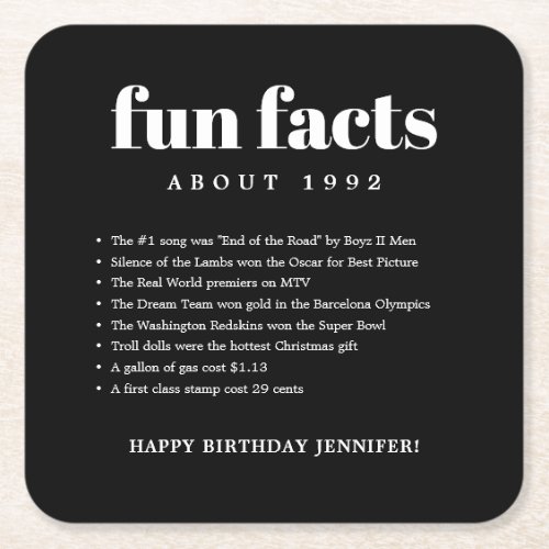 Black Modern Minimal Fun Facts Birthday Year Square Paper Coaster