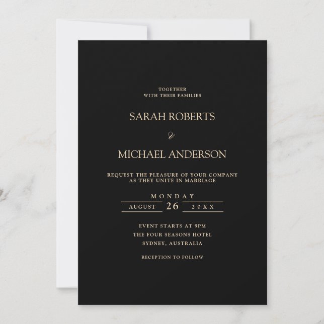Black Modern Minimal Simple Gold Script Wedding Invitation (Front)