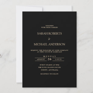 Black Modern Minimal Simple Gold Script Wedding Invitation