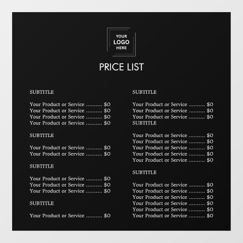 Black Modern Minimalist Business Logo Price List Window Cling