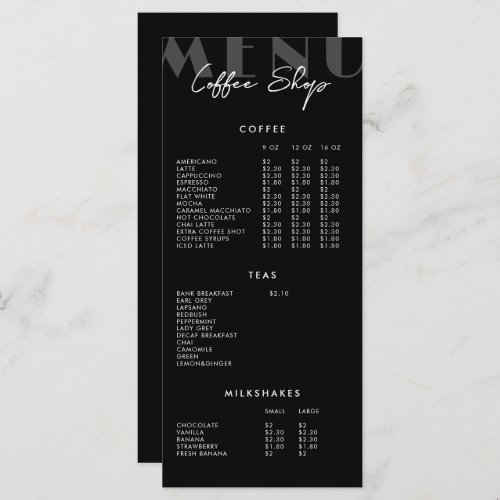 Black Modern Minimalist Coffee Shop Menu