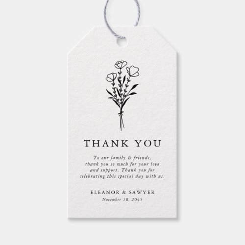 Black Modern Minimalist Floral Bouquet Wedding Gift Tags