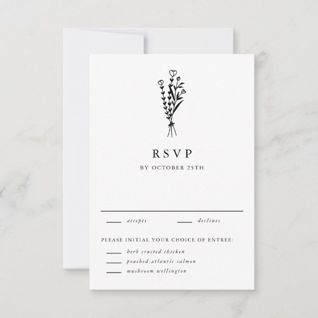 Black Modern Minimalist Floral Bouquet Wedding  RSVP Card (Front)