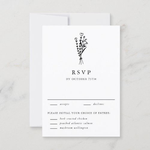 Black Modern Minimalist Floral Bouquet Wedding  RSVP Card