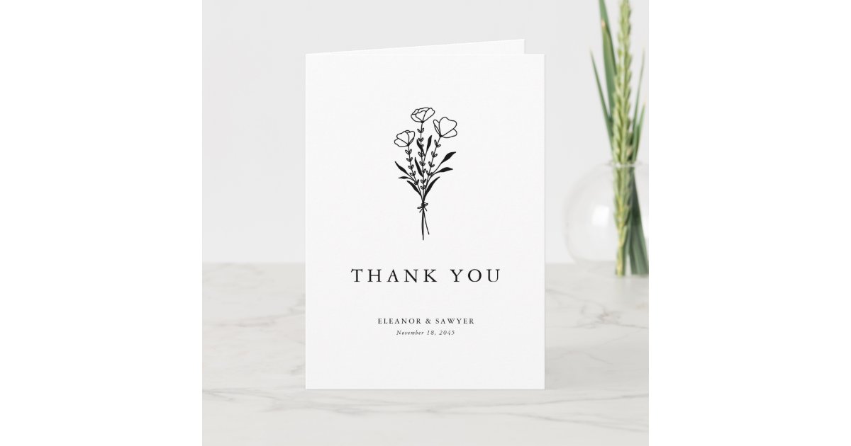 Black Modern Minimalist Floral Bouquet Wedding Thank You Card | Zazzle