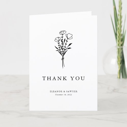 Black Modern Minimalist Floral Bouquet Wedding Thank You Card