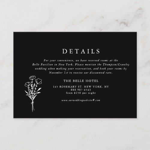 Black Modern Minimalist Floral Wedding Details Enclosure Card