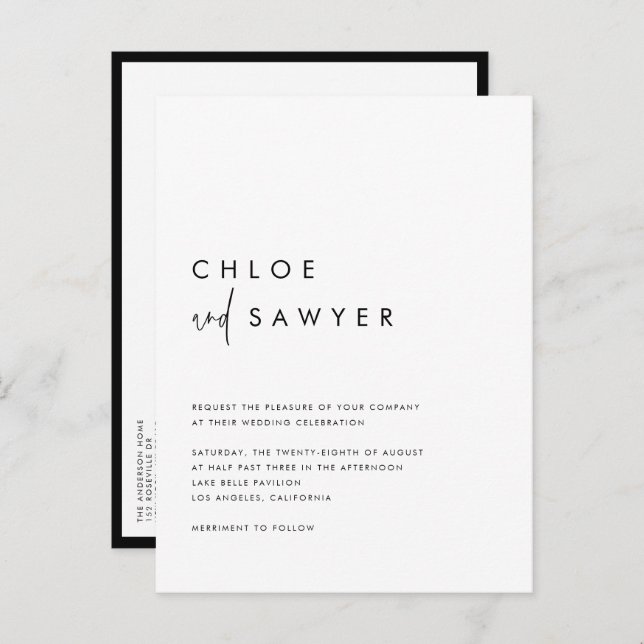 Black Modern Minimalist Handwritten Script Wedding Invitation Postcard (Front/Back)