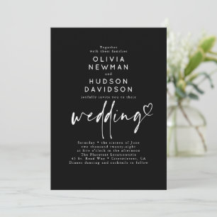 Black Modern Minimalist Heart Typography Wedding Invitation