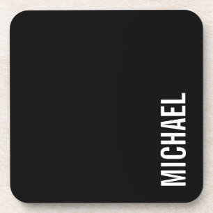 Black Modern Minimalist Personalized Name Beverage Coaster