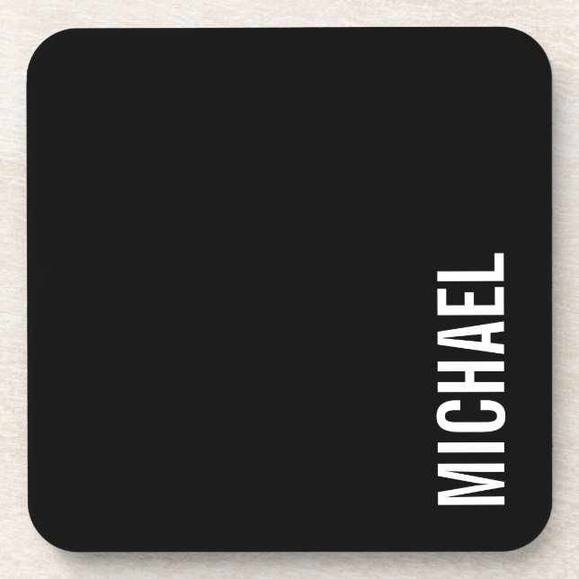 Black Modern Minimalist Personalized Name Beverage Coaster (Front)