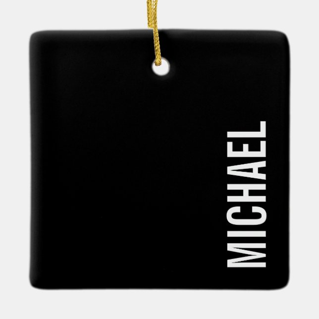 Black Modern Minimalist Personalized Name Ceramic Ornament (Front)