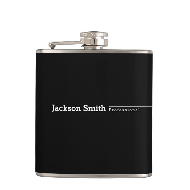 Black modern minimalist personalized name flask (Front)