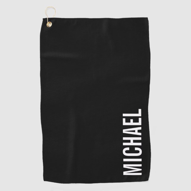 Black Modern Minimalist Personalized Name Golf Towel (Front)